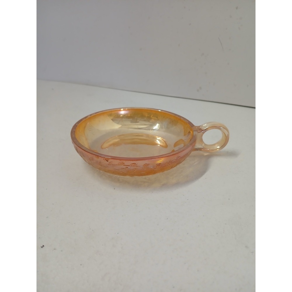 Vintage Jeannette Glass Iridescent Marigold Louisa Florigold Handled Candy Dish